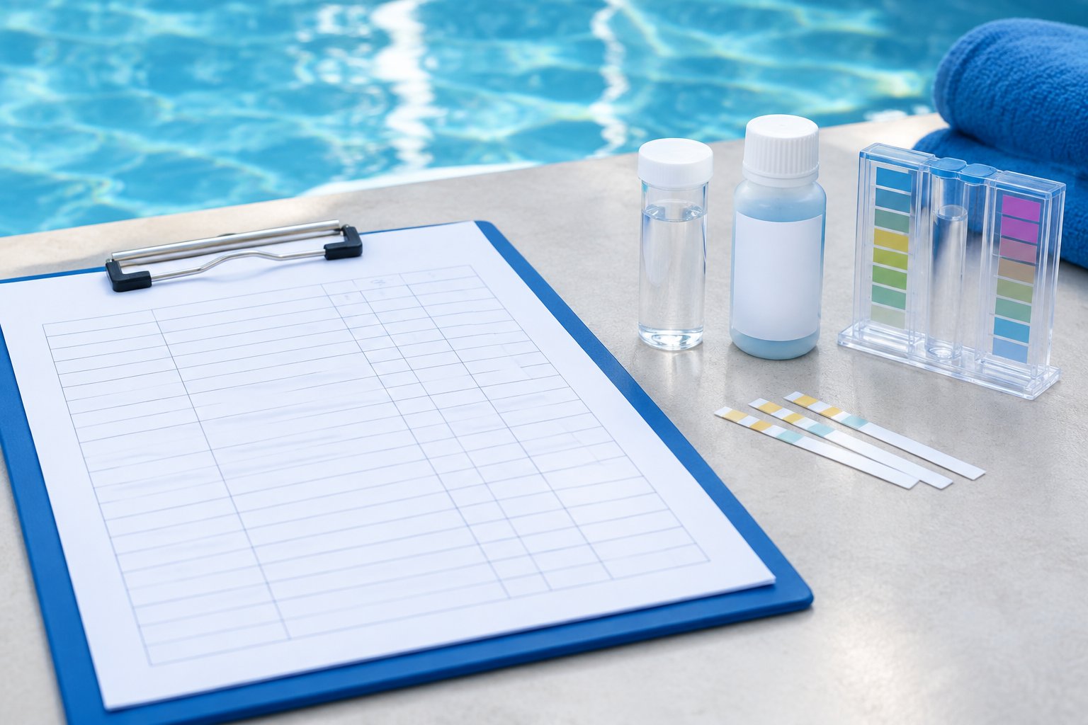 A blank clipboard and pool water testing supplies arranged beside a swimming pool.