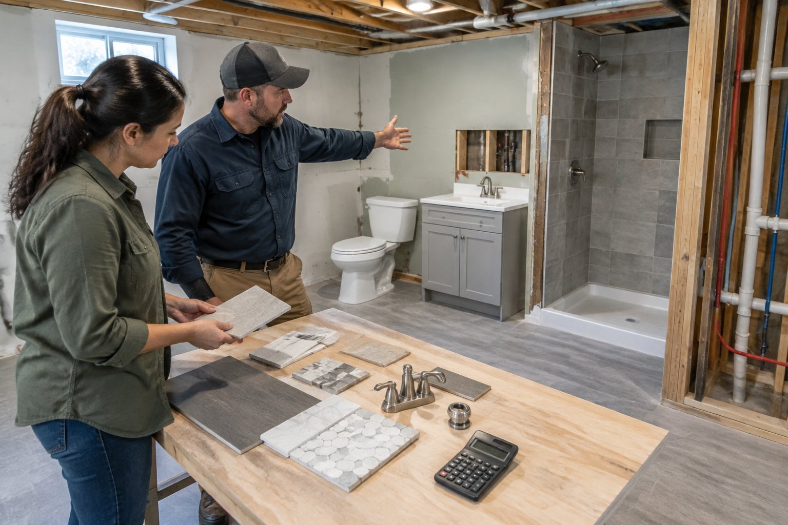 A homeowner and contractor review materials in a partially renovated basement bathroom.