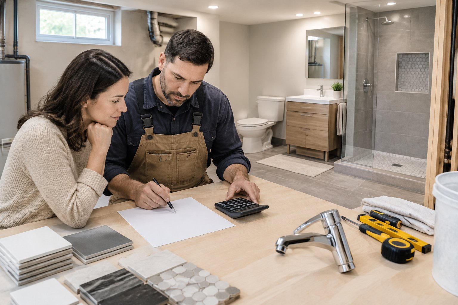 A homeowner and contractor review a renovation estimate in a partially remodeled basement bathroom.
