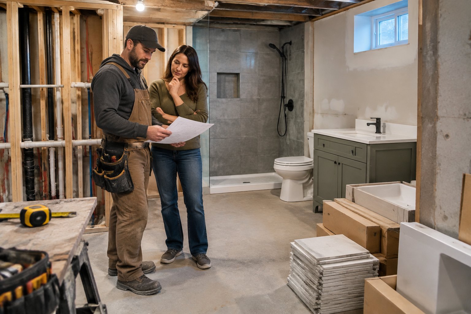 A contractor and homeowner review a partially renovated basement bathroom surrounded by tools and building materials.