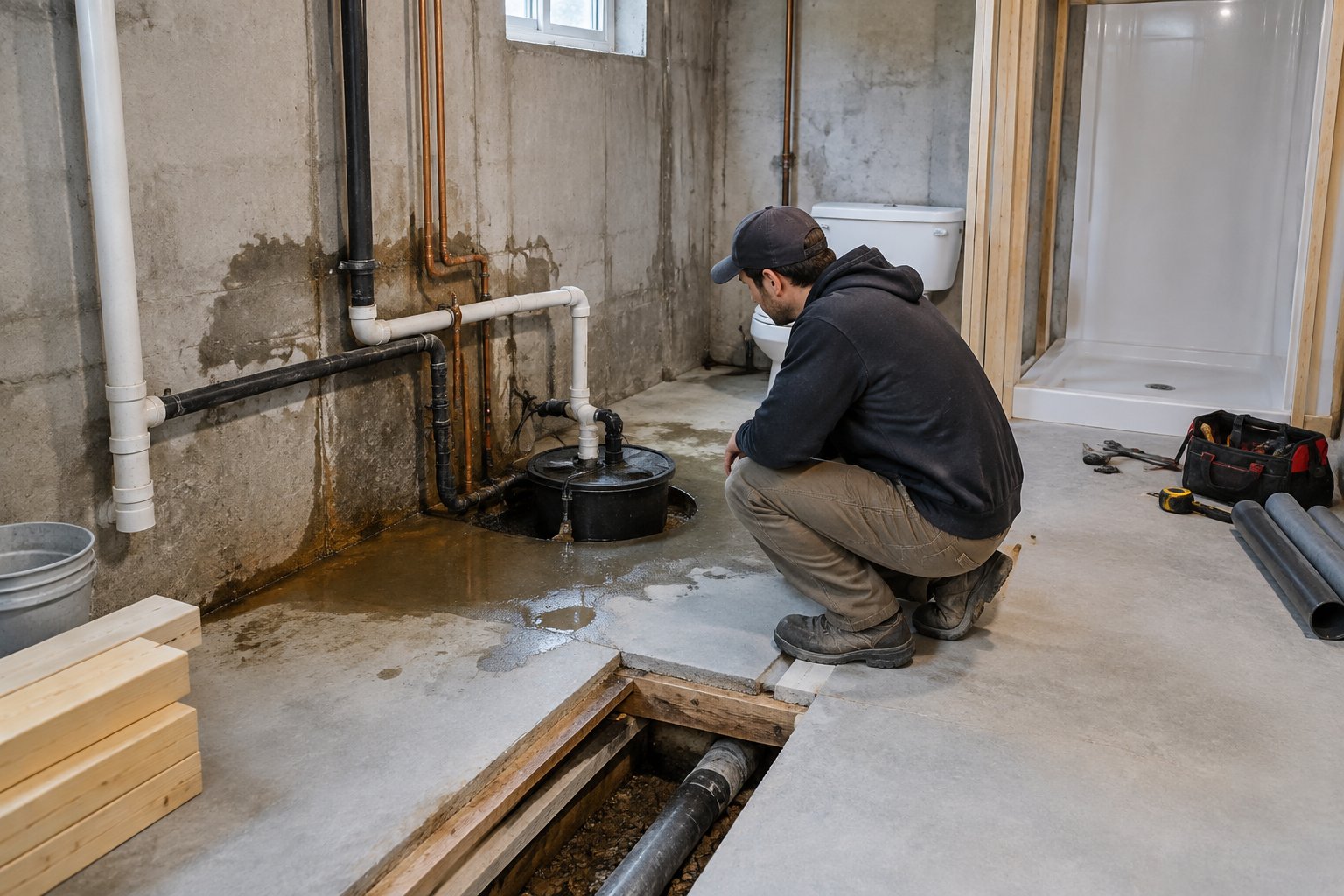 A contractor inspects moisture and plumbing challenges in an unfinished basement bathroom.