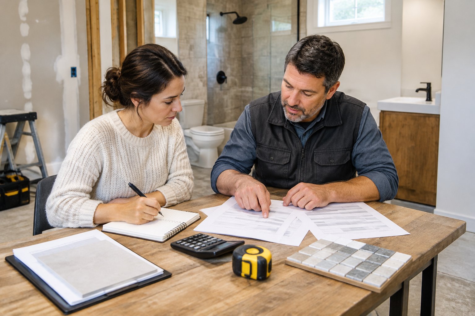 A homeowner and contractor review renovation estimates at a table in a basement bathroom under renovation.