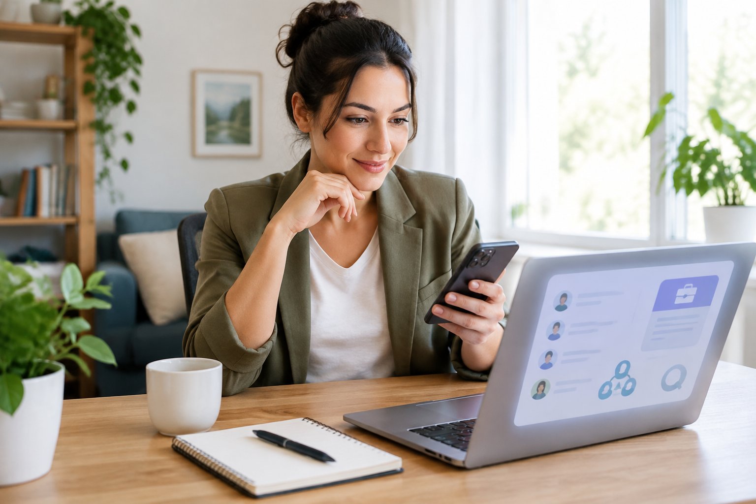 Una persona trabaja desde casa y revisa oportunidades en su computadora.
