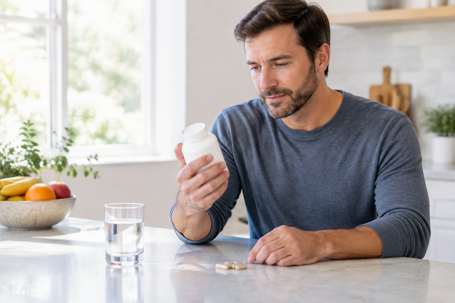 A man examines a supplement bottle beside a glass of water and fresh fruit.