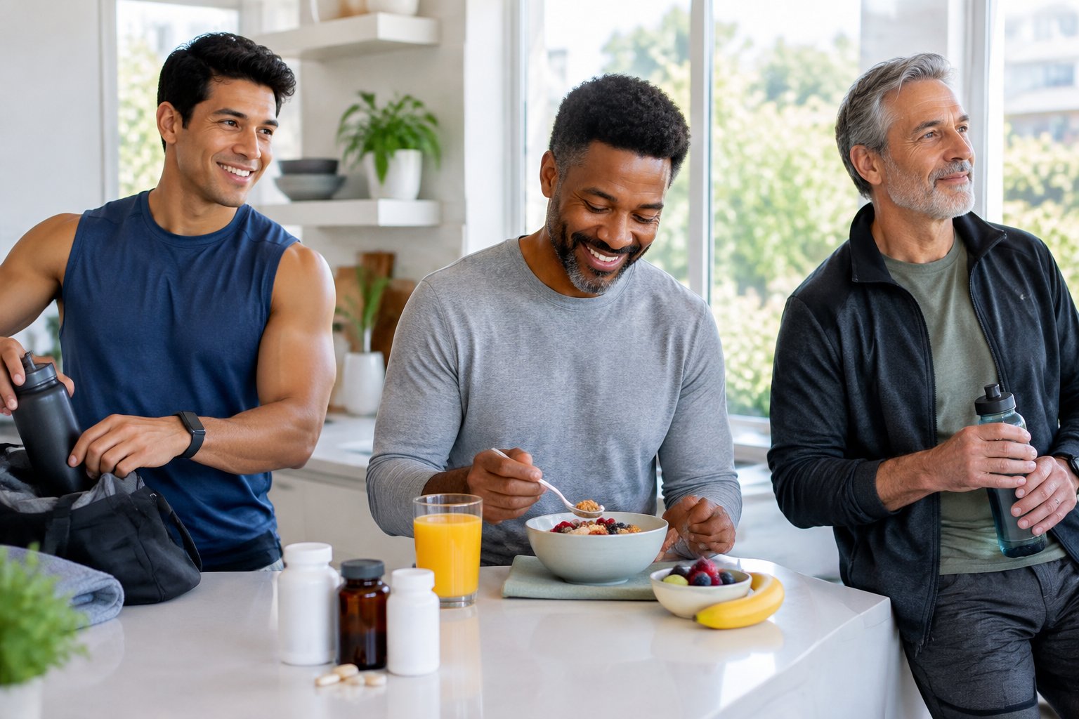 Three men with different lifestyles gather in a bright kitchen with unbranded supplement bottles on the counter.