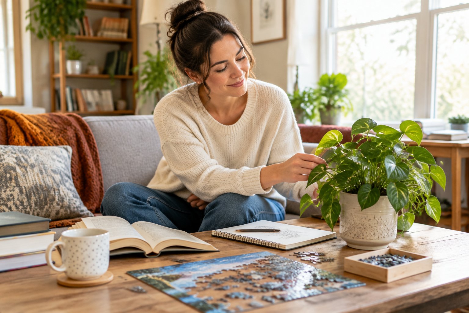 A person reads, sketches, works on a puzzle, and tends to a plant in a sunny living room.