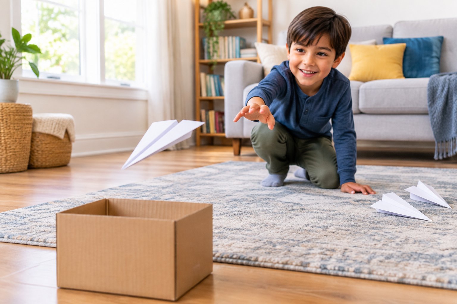 A child launches a paper airplane toward a cardboard box in a living room.