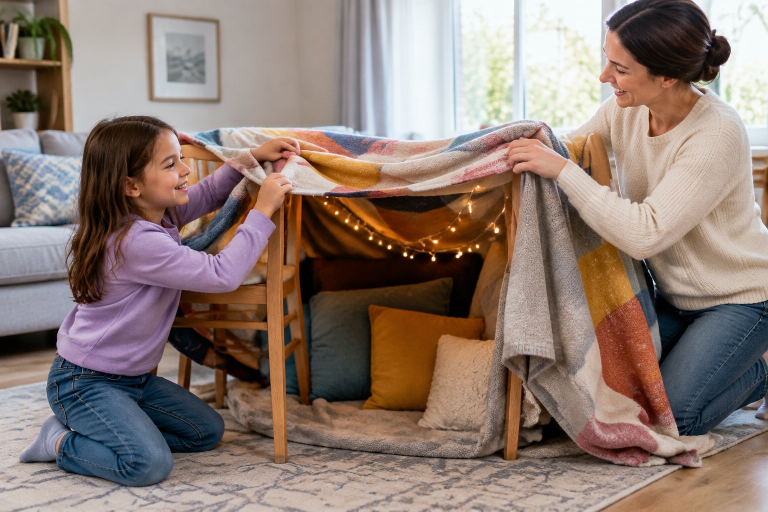 A child and parent build a blanket fort together in a living room.