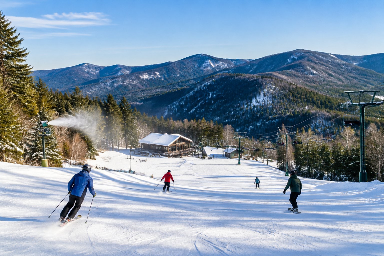 Skiers descend a snowy slope at a mountain resort.