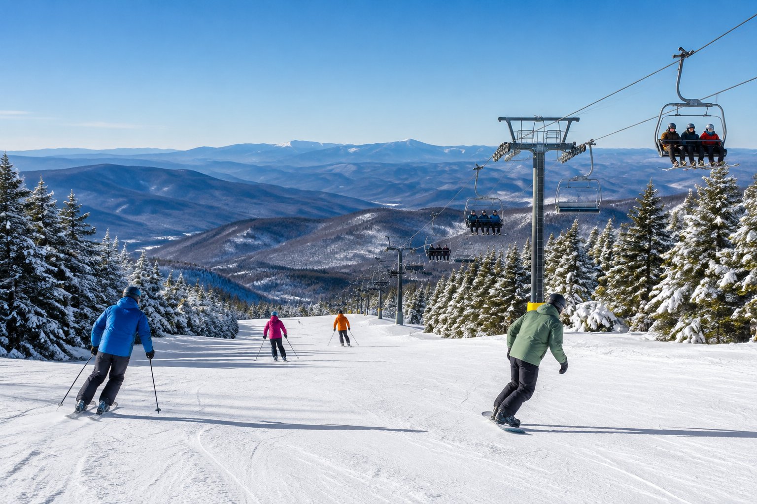 Skiers descend a snowy slope at a mountain resort.