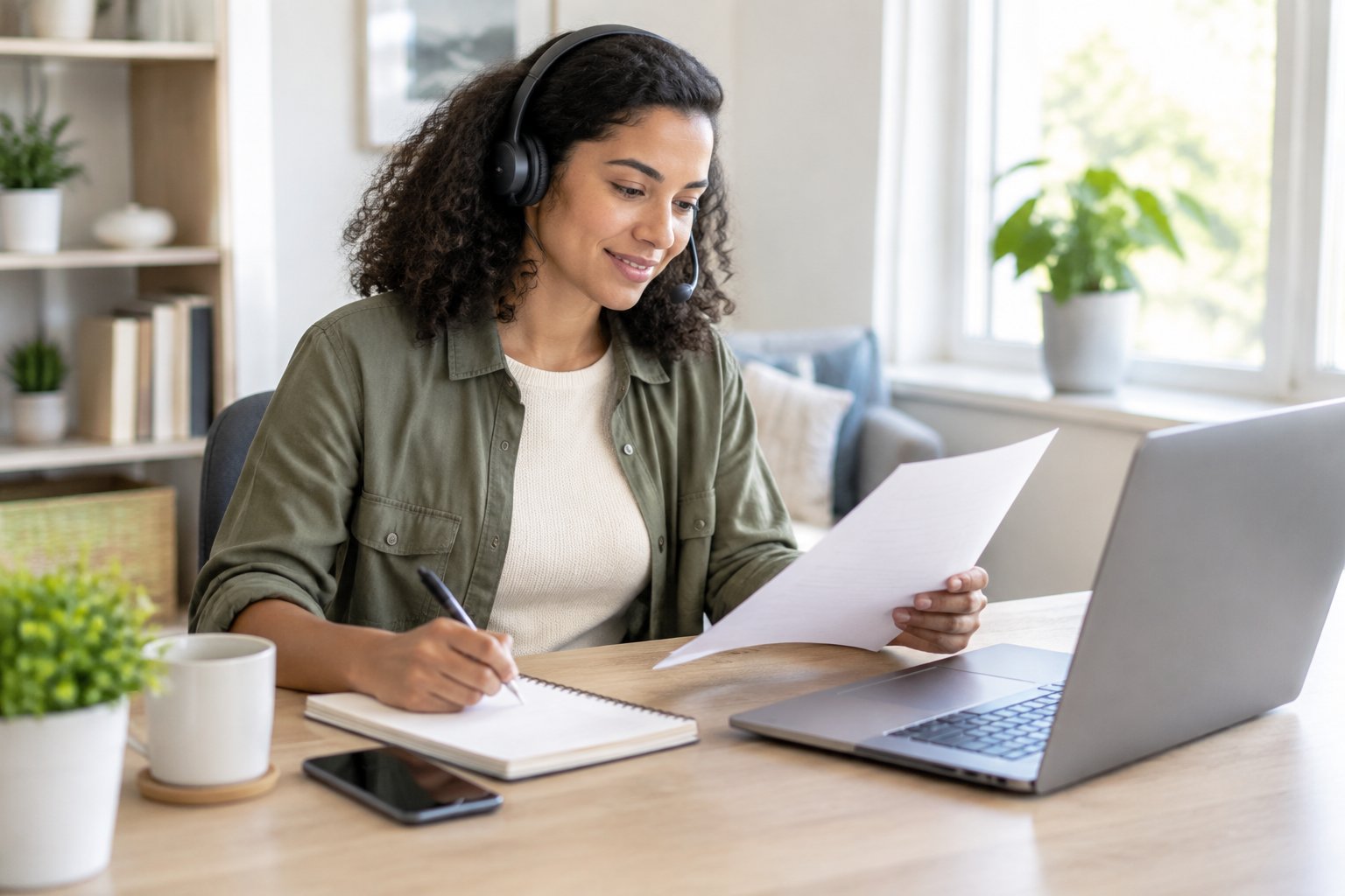 Una persona trabaja desde casa con una computadora portátil y revisa un currículum.