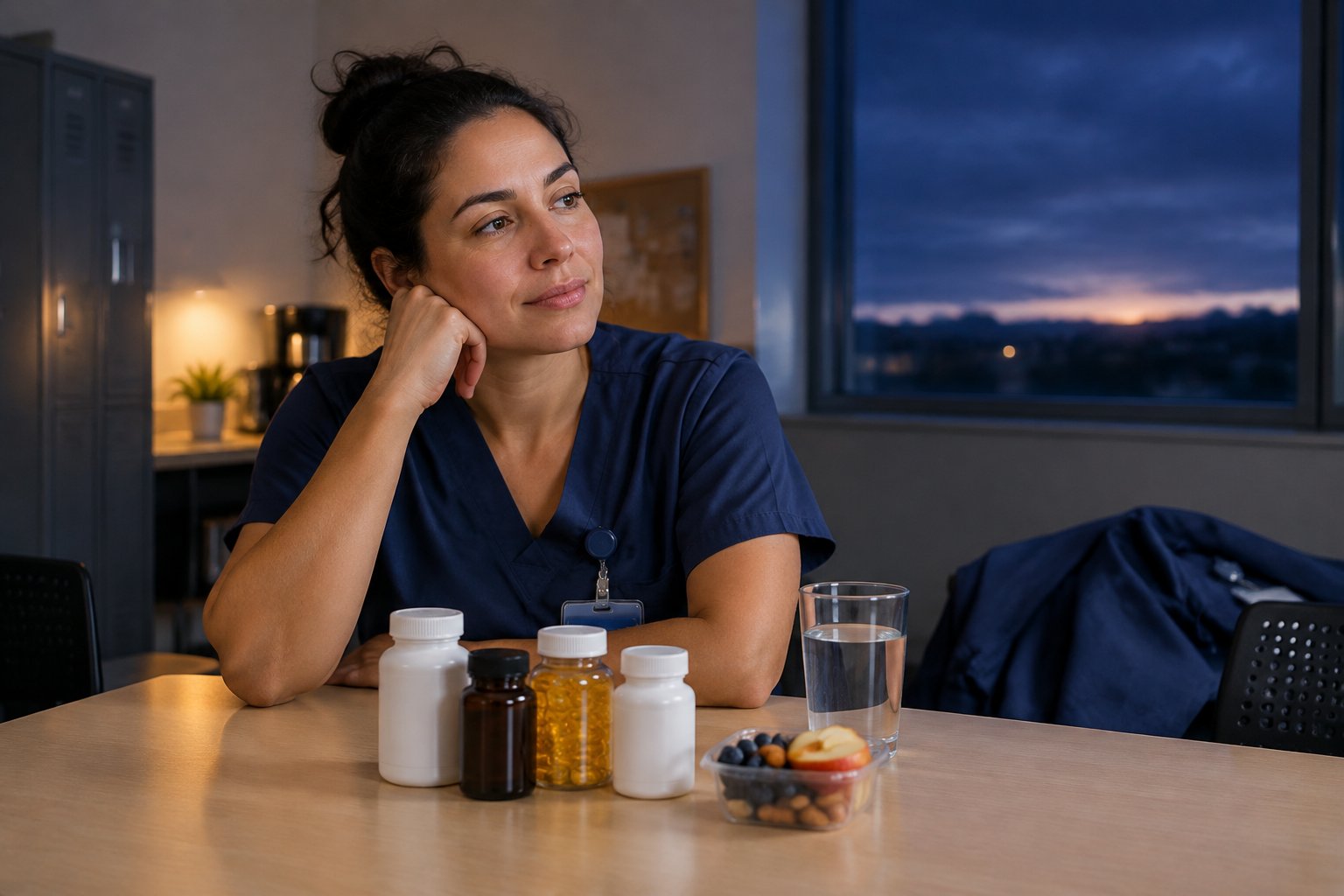 A night-shift healthcare worker sits beside supplement bottles, water, and a healthy snack.