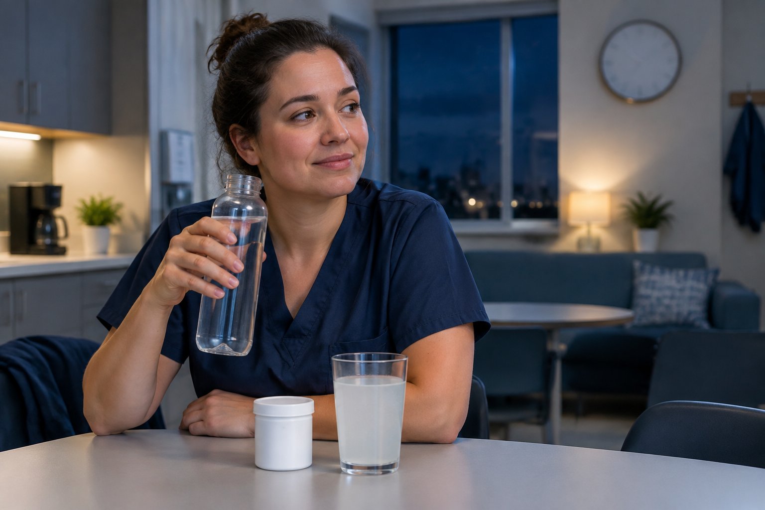 A nurse in scrubs takes a hydration break during a night shift.