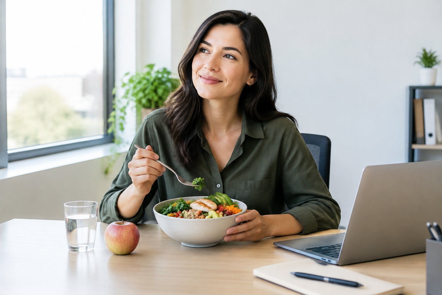 A professional enjoys a healthy lunch at a desk with fruit and water nearby.