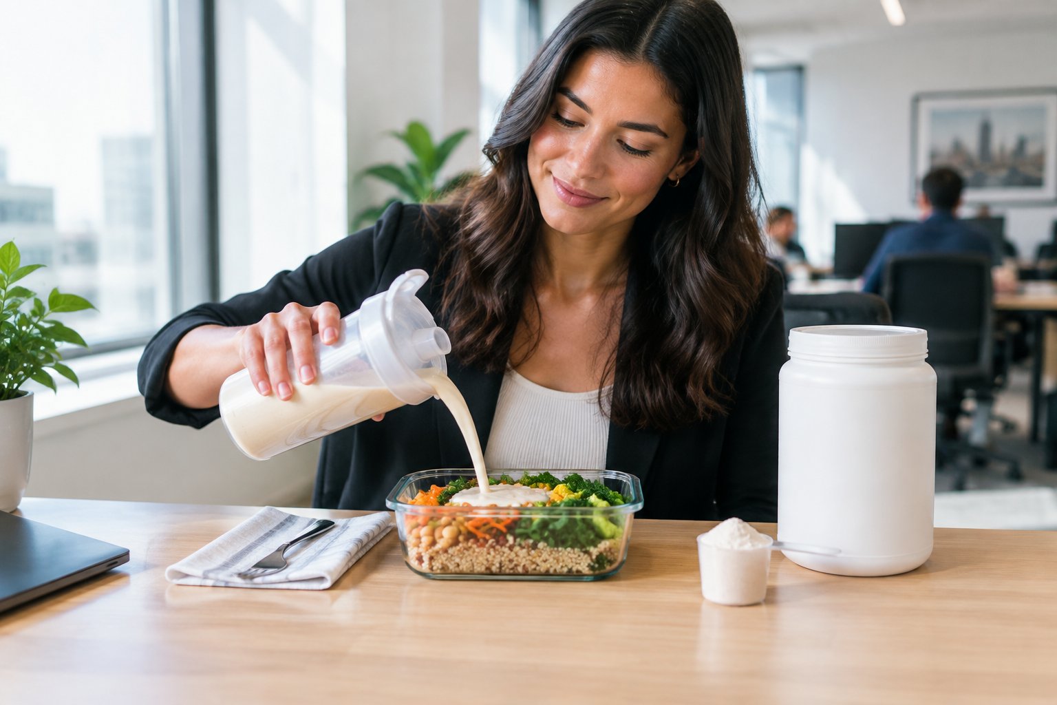 A professional adds a protein shake to a packed lunch in an office break area.