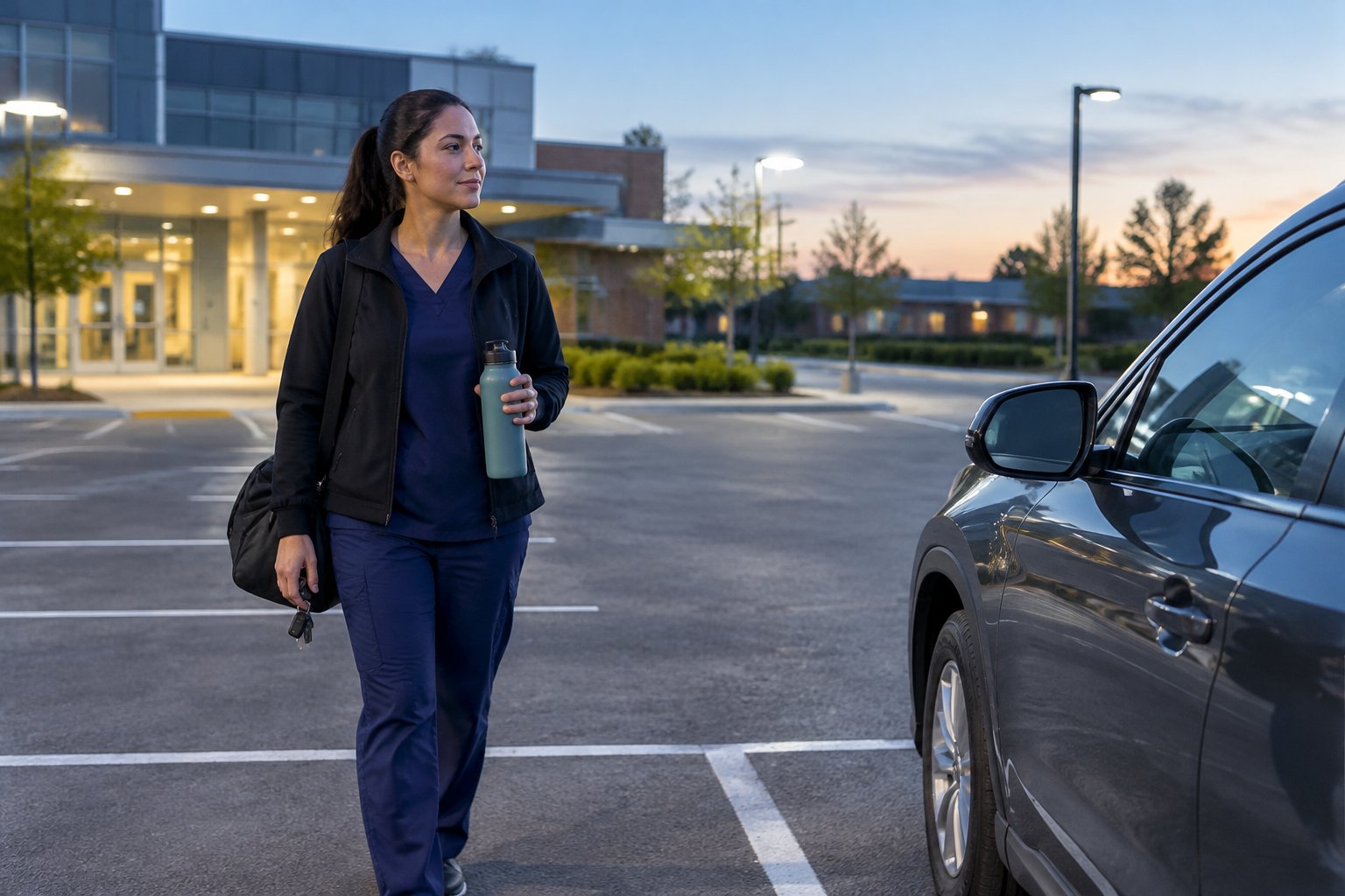 A night-shift worker walks toward a parked car at dawn, carrying a water bottle and work bag.