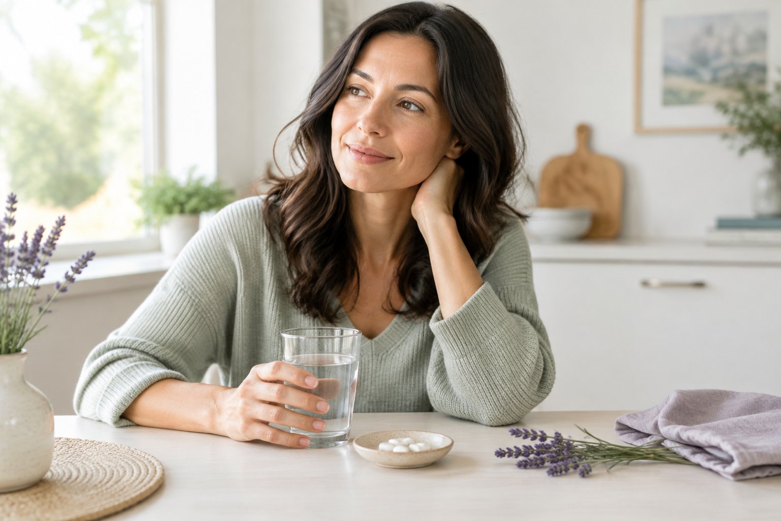 An adult sits at a table with a glass of water and a small dish of capsules.