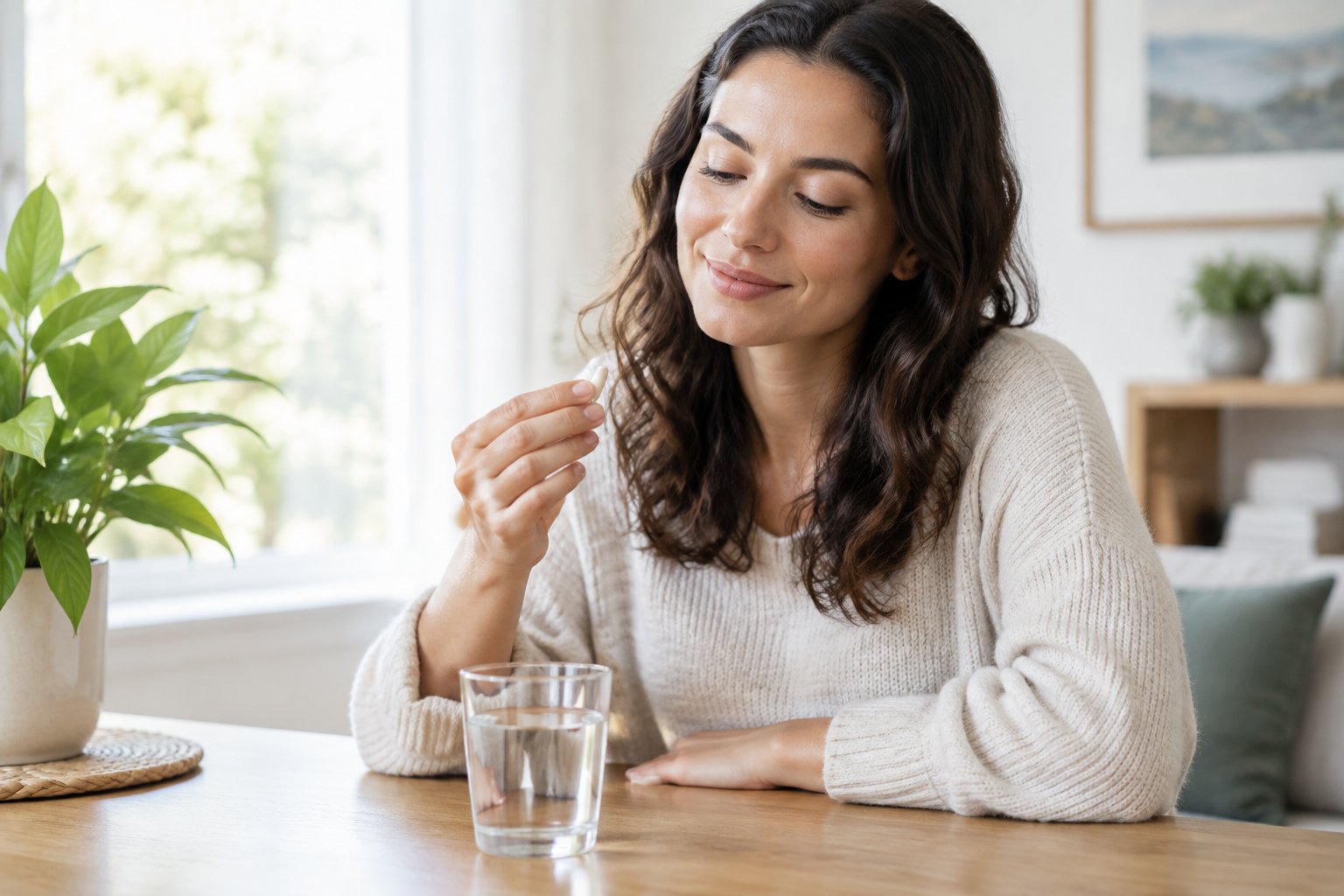 A relaxed adult sits at a table with a glass of water and a capsule.