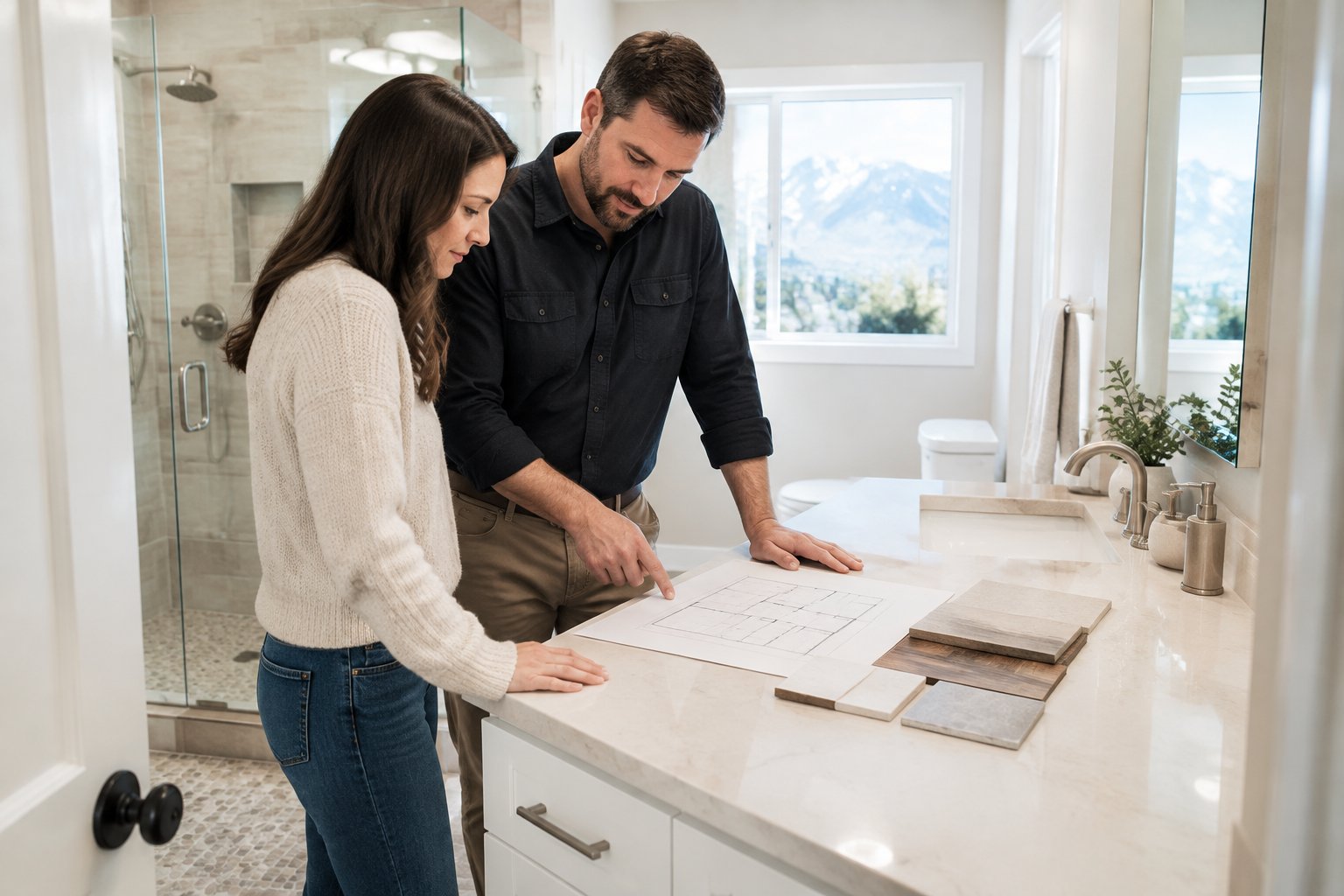 A homeowner and contractor review bathroom materials in a renovated bathroom.