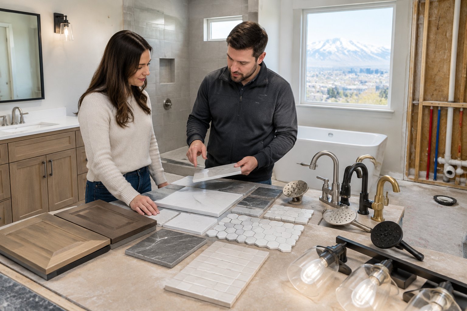 A homeowner and contractor compare bathroom renovation materials in an unfinished bathroom.