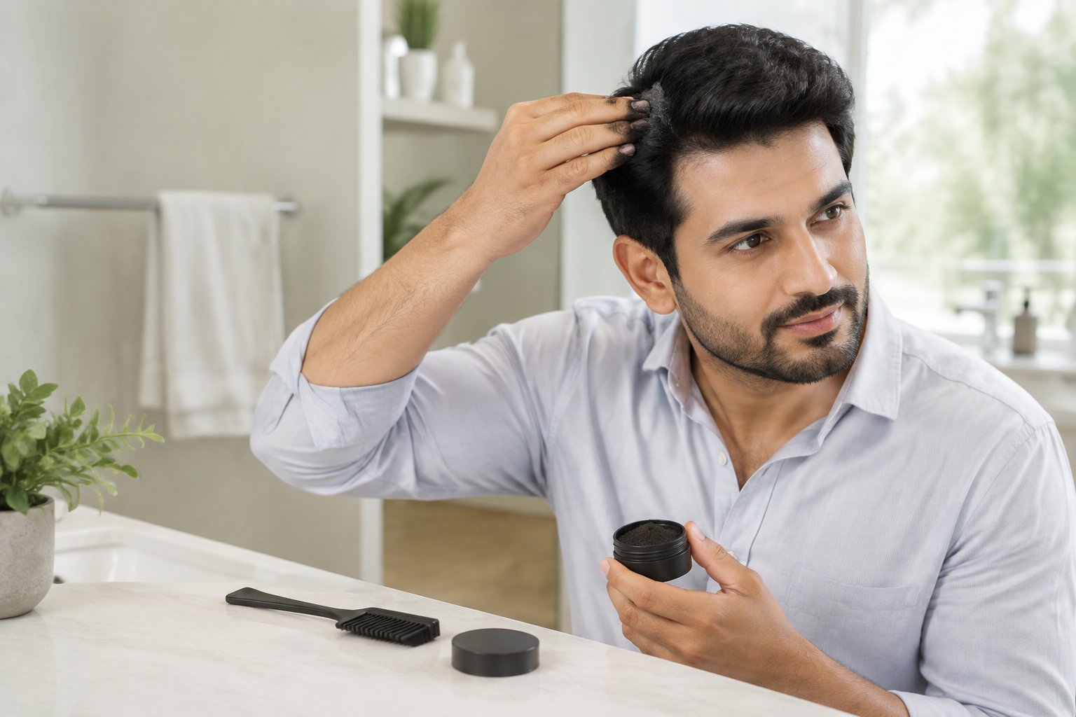 A man applies hair fibers near his hairline beside a grooming container.
