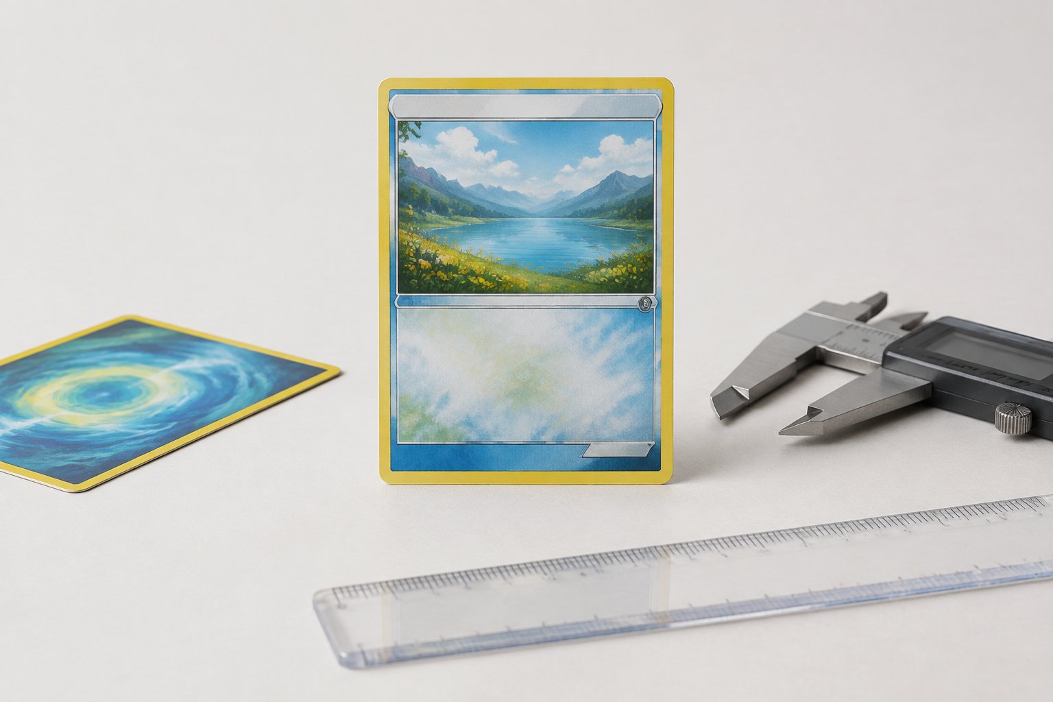 A trading card beside a ruler and caliper on a tabletop.