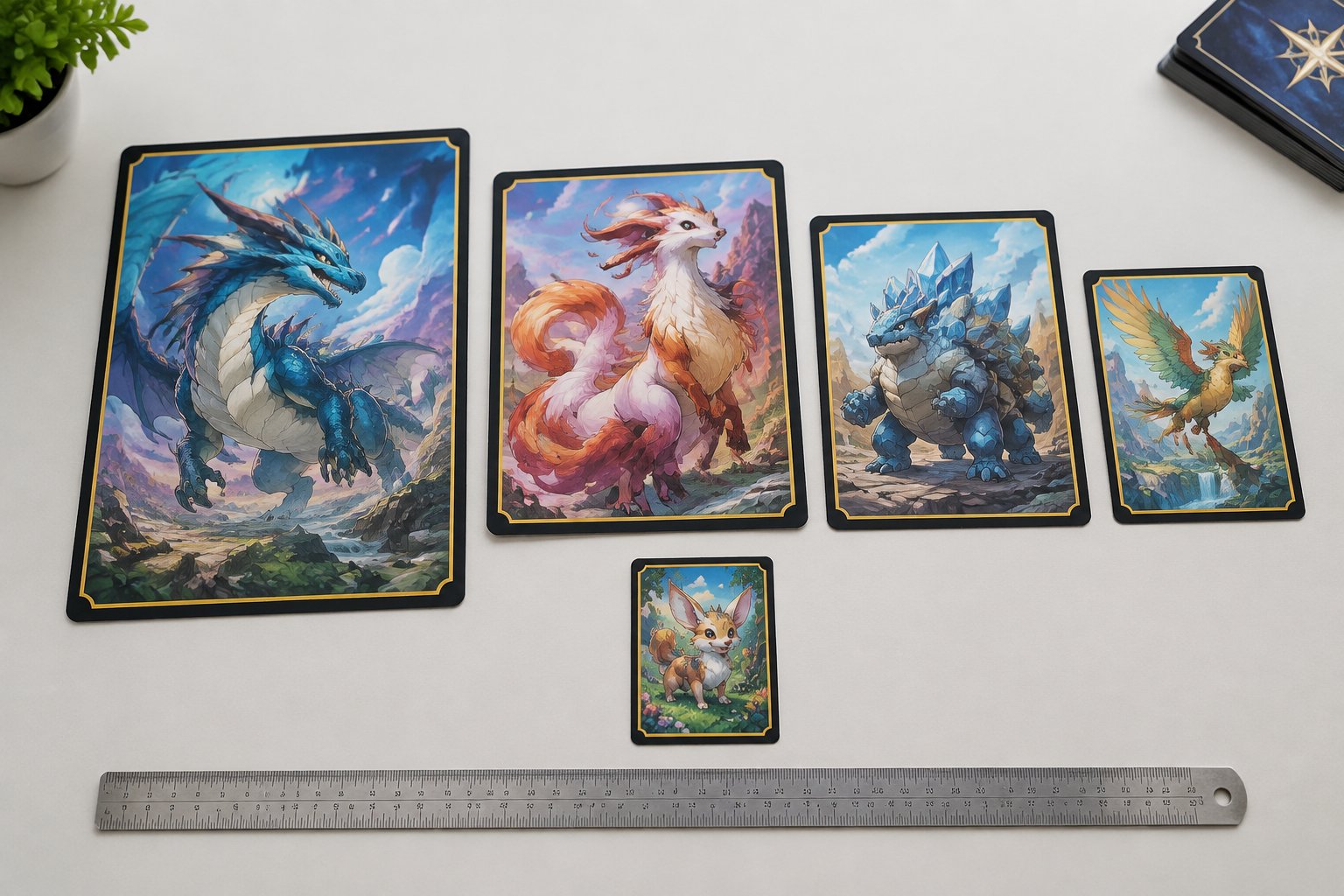 Several oversized creature trading cards are compared with a standard card and a ruler.