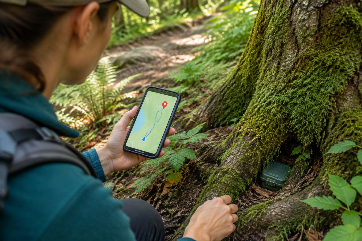 A hiker checks a phone while searching for a small cache beside a tree.