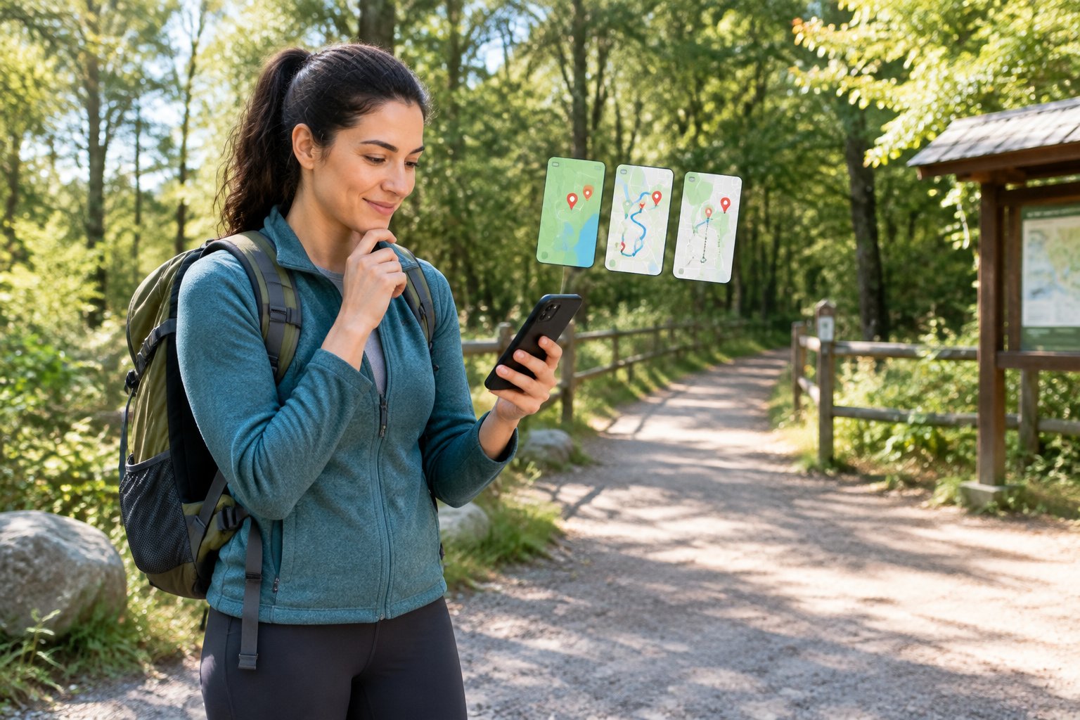 A beginner checks a smartphone at the entrance to a wooded trail.