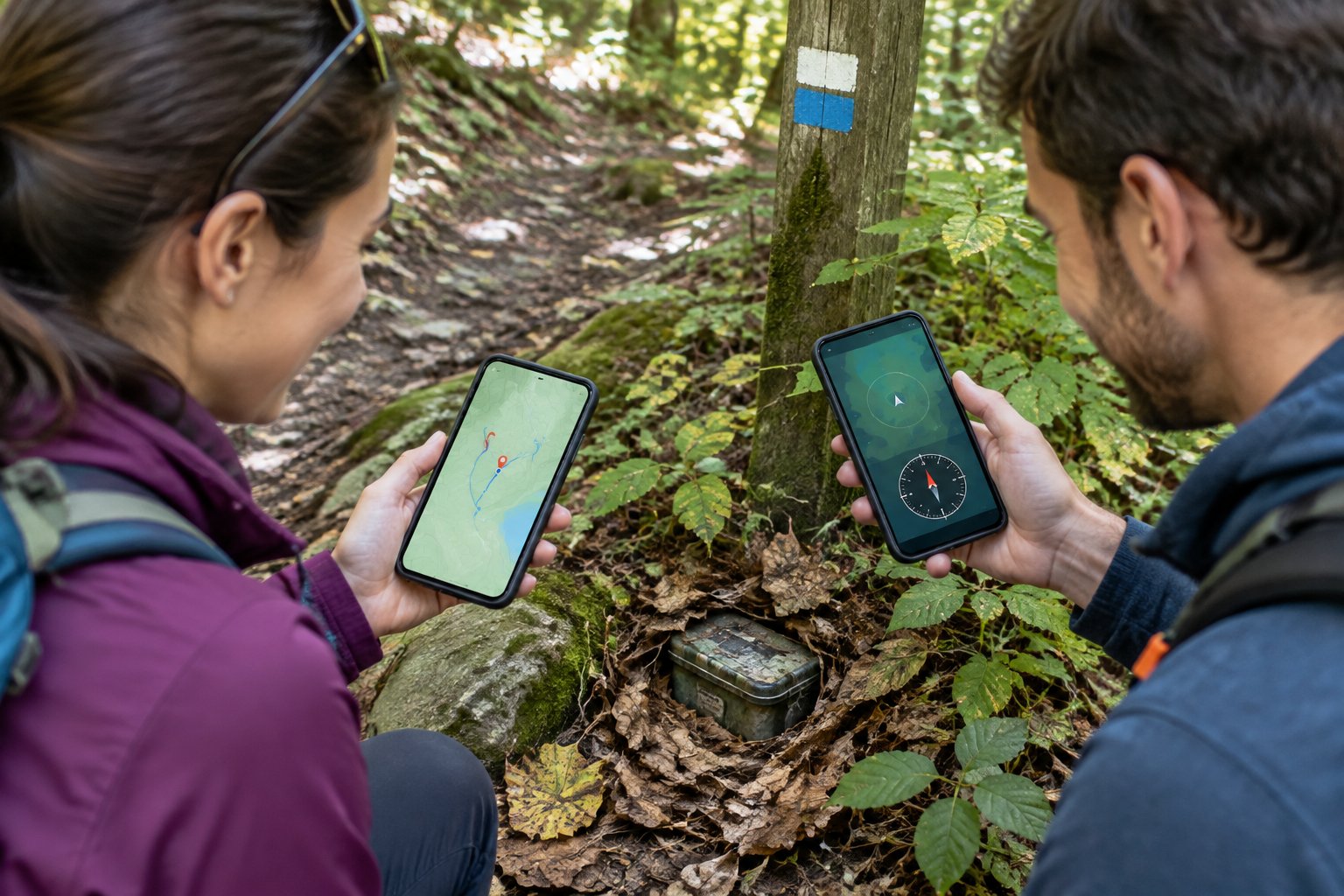 Two friends check their phones while searching for a geocache on a wooded trail.