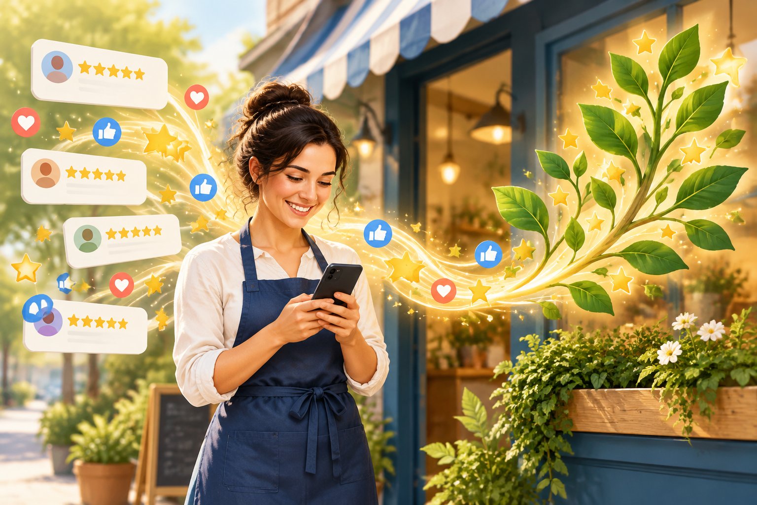 A shop owner views positive feedback on a phone as glowing stars flow toward the storefront.