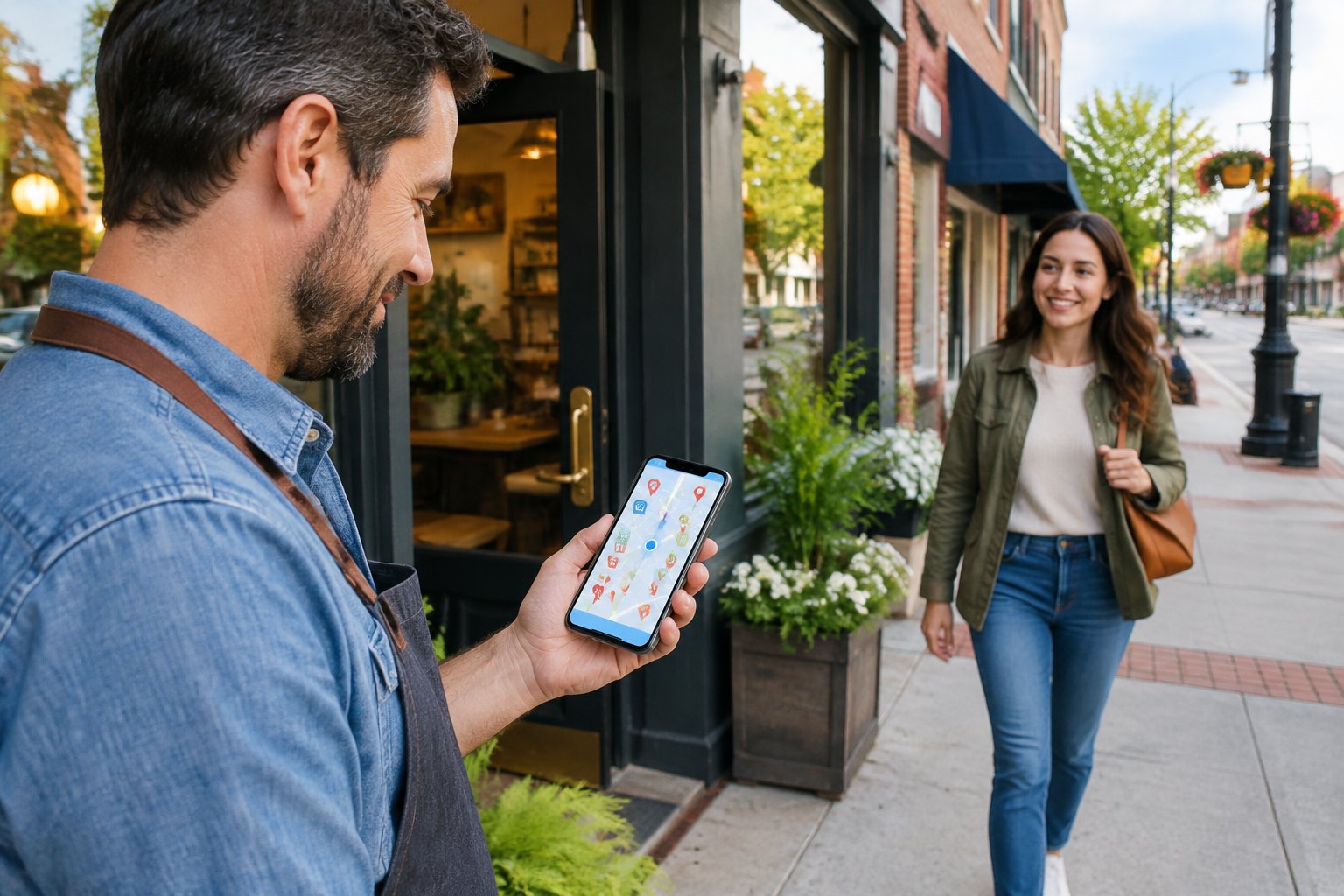A small-business owner checks a map on a phone outside a neighborhood shop as a customer approaches.