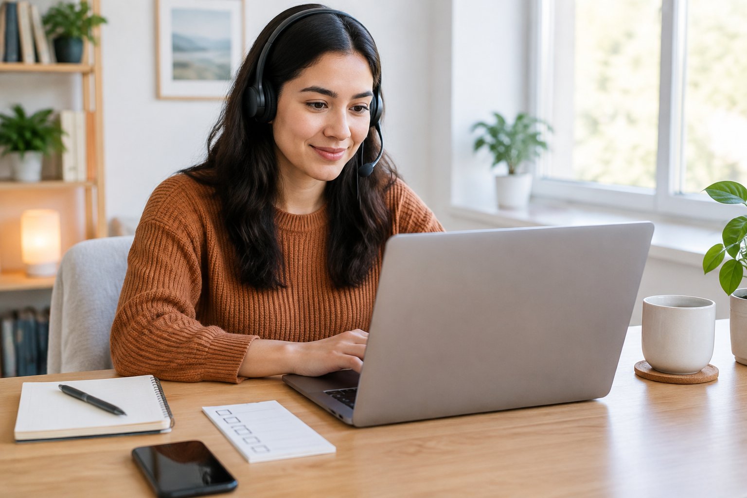 Una persona trabaja desde casa con una computadora portátil y auriculares.