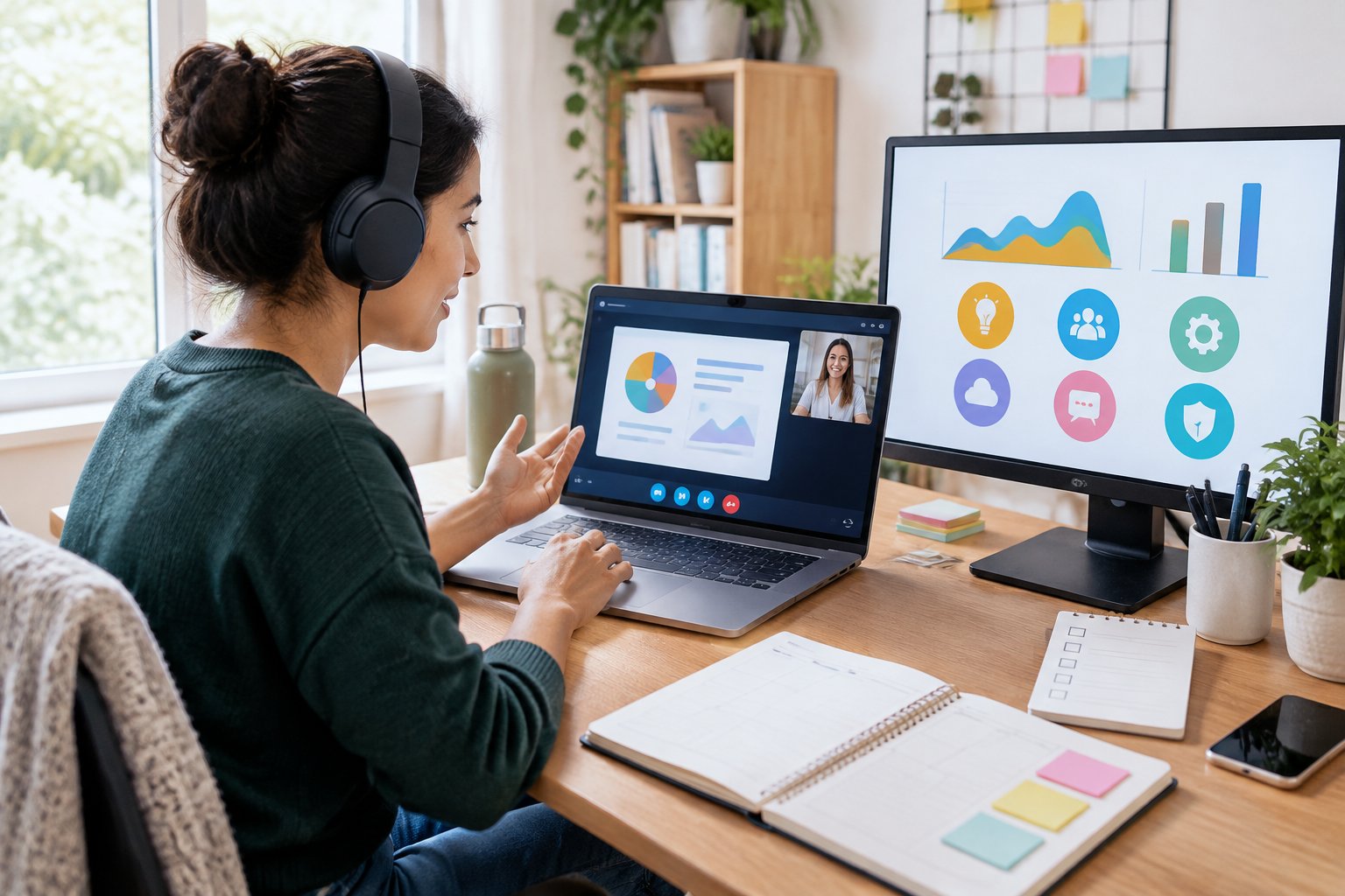 Una persona practica habilidades digitales en casa durante una videollamada de trabajo.