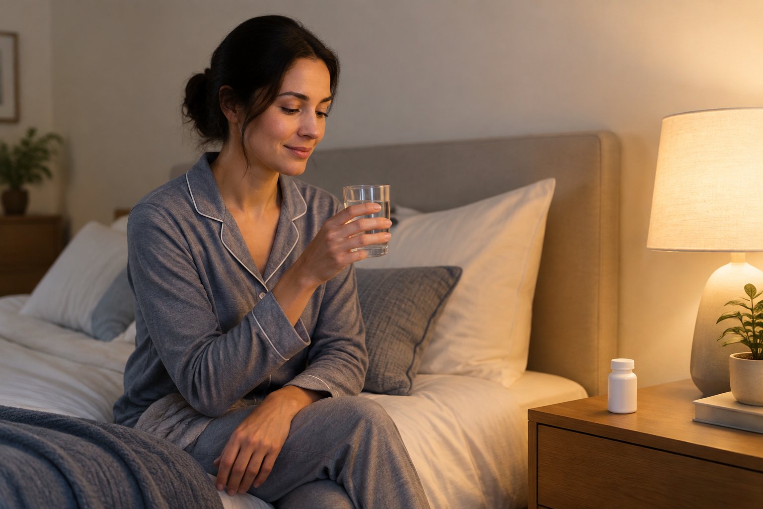An adult holds a glass of water beside an unlabeled supplement bottle in a bedroom.