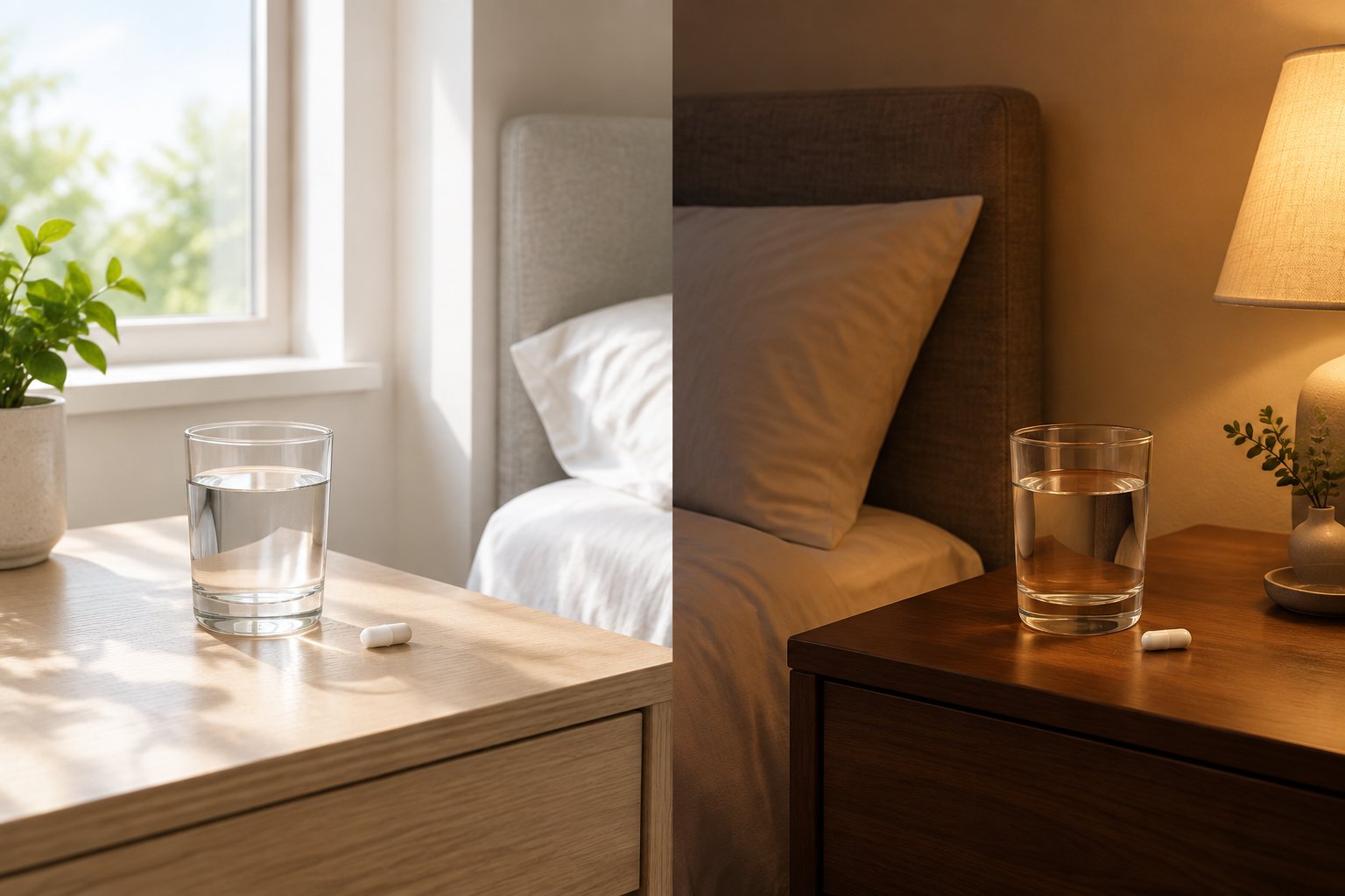 A glass of water and a supplement capsule sit on a bedside table in morning and evening light.
