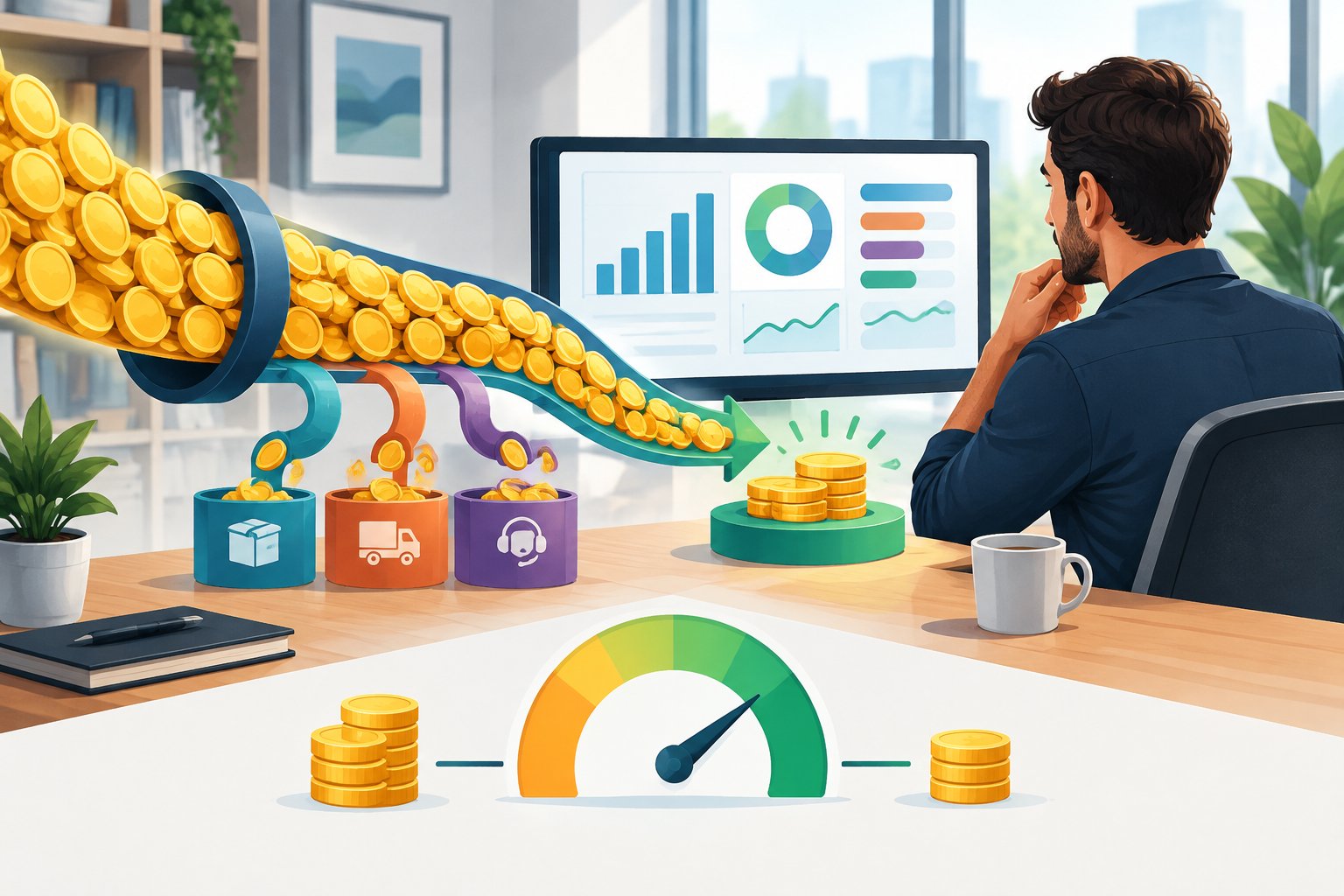 A business owner reviews sales income, expenses and the remaining profit on a financial dashboard.