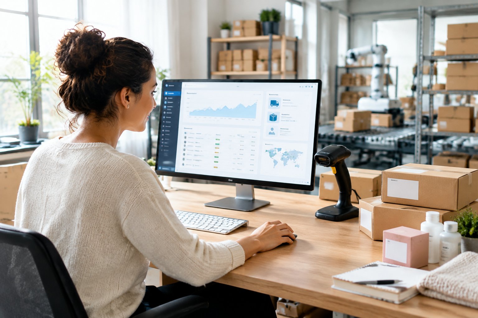 A business owner manages online orders beside parcels ready for dispatch.