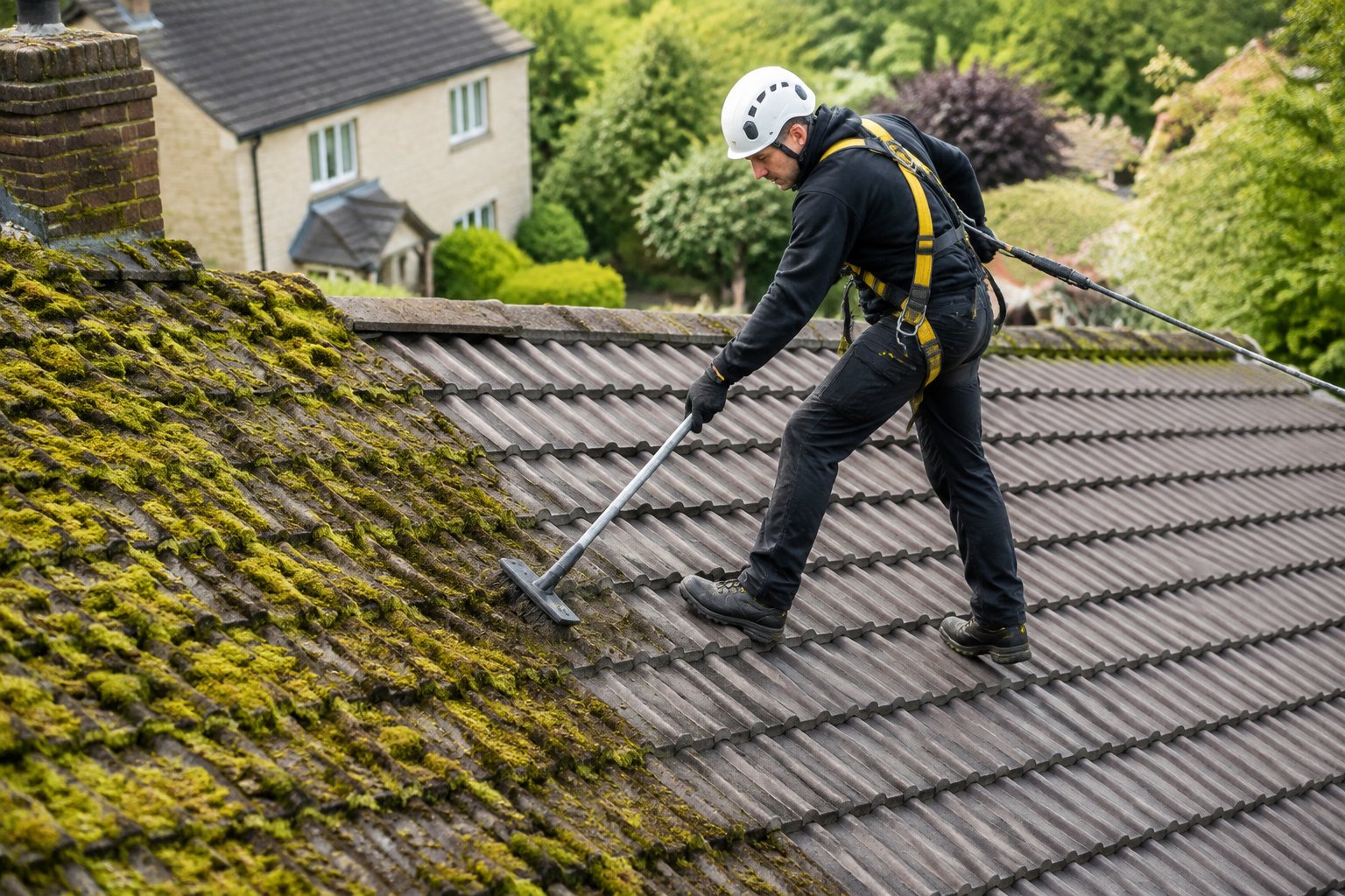Un professionnel équipé retire la mousse d’un toit.