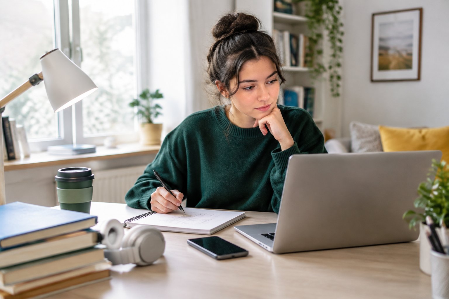 Un estudiante trabaja en una computadora portátil junto a un cuaderno y un teléfono.