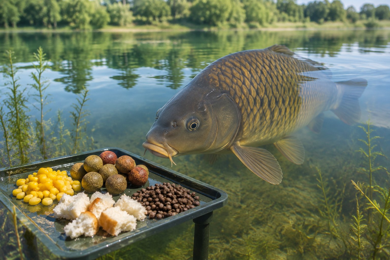A carp investigates corn, boilies, bread, and pellets beside a calm lake.