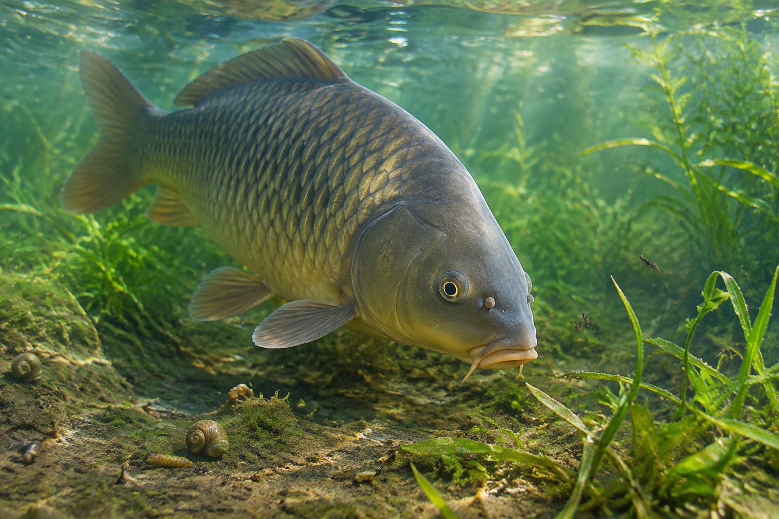 A carp forages among aquatic plants, insects, and snails in a freshwater pond.