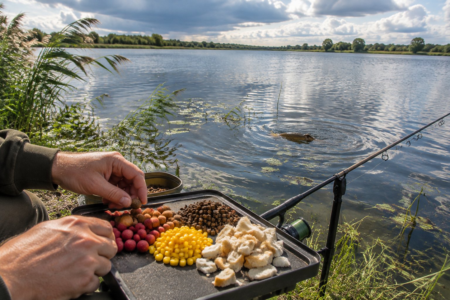 An angler arranges boilies, sweetcorn, pellets, and bread beside a rippling lake where a carp feeds near the surface.