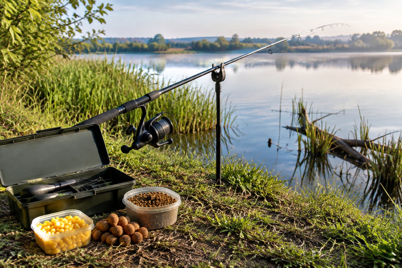 A fishing rod, small tackle box, and carp bait sit beside a calm lake.