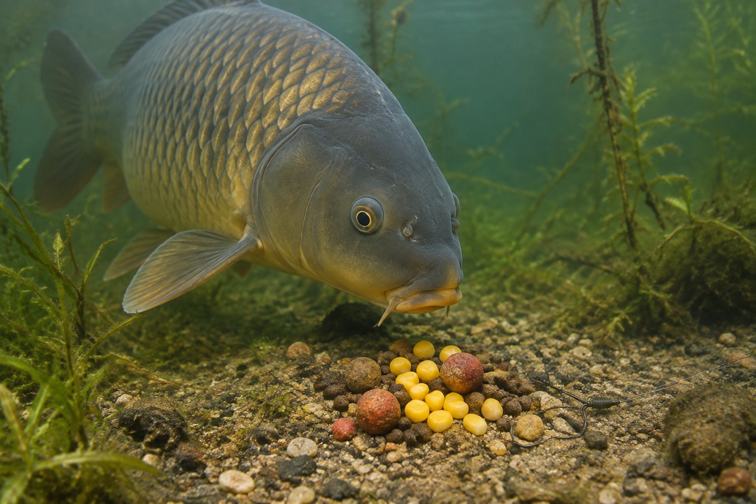 A carp swims toward corn, boilies, and pellets on a freshwater lake bed.