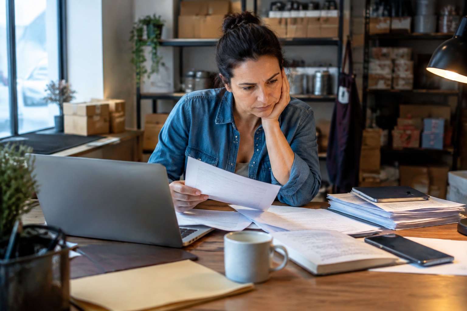 A tired small-business owner reviews paperwork at a desk.