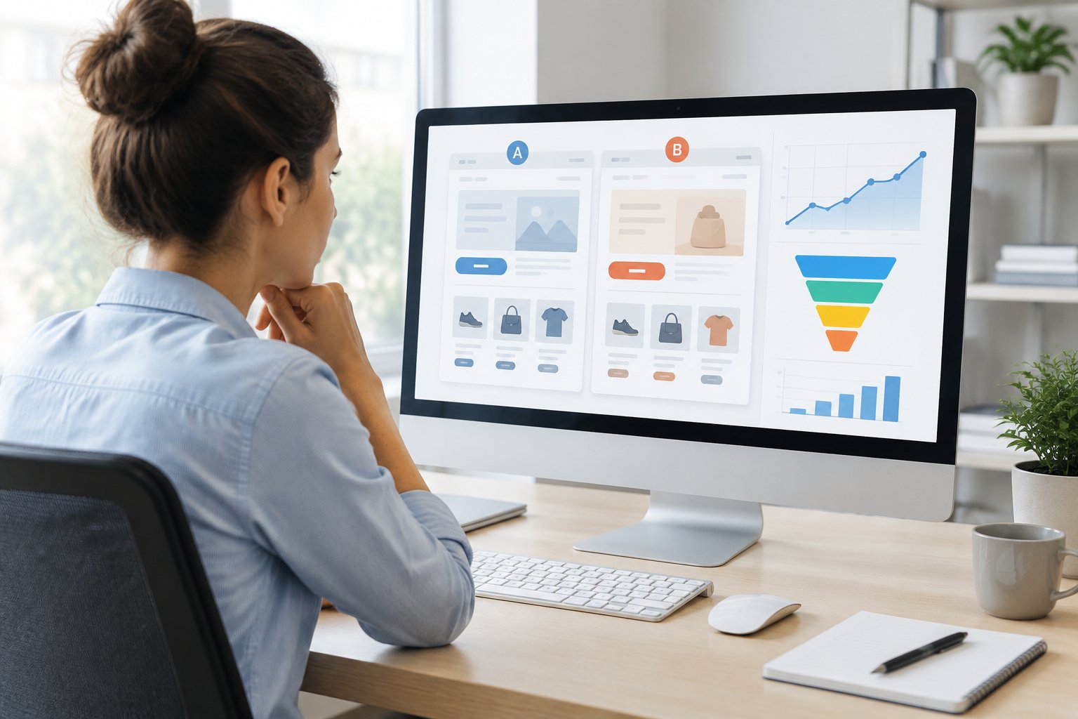 A marketing professional reviews website layouts and analytics on a computer.