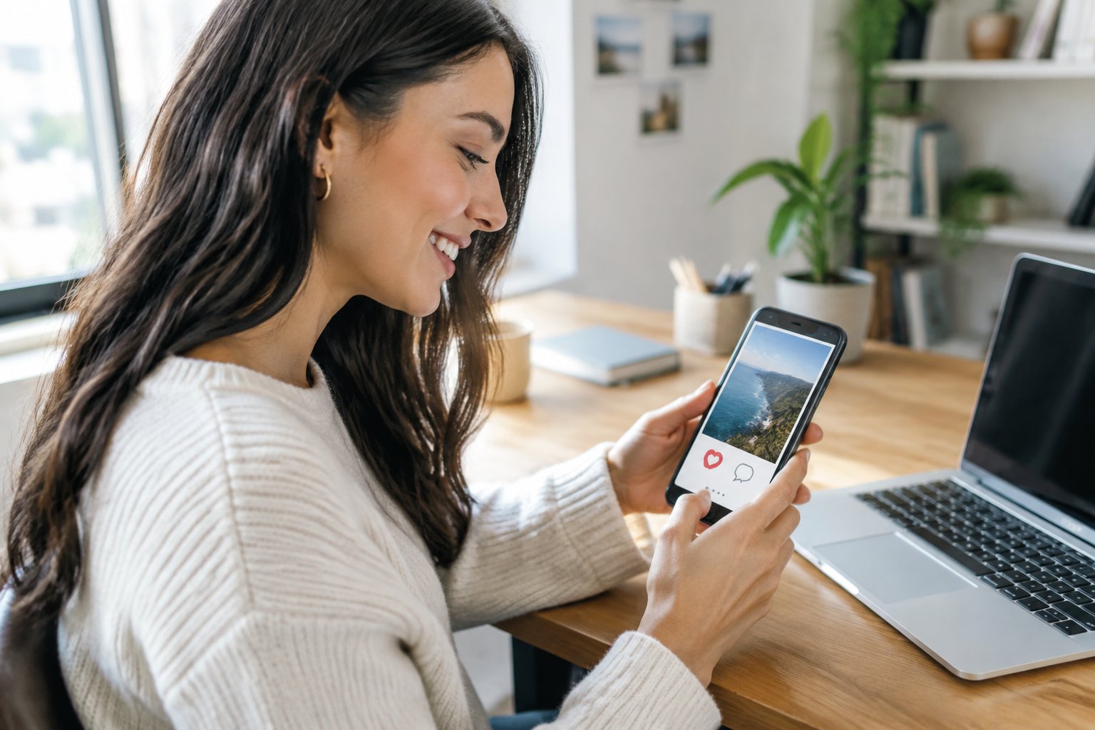A content creator checks social media reactions on a smartphone at a desk.