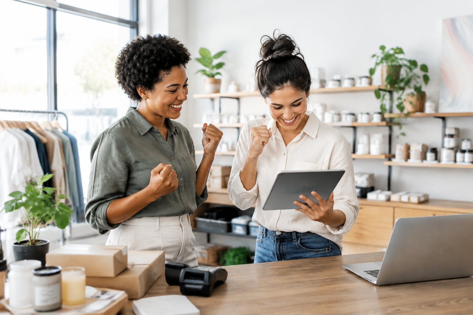 A business owner and colleague celebrate a successful sale in a shop.