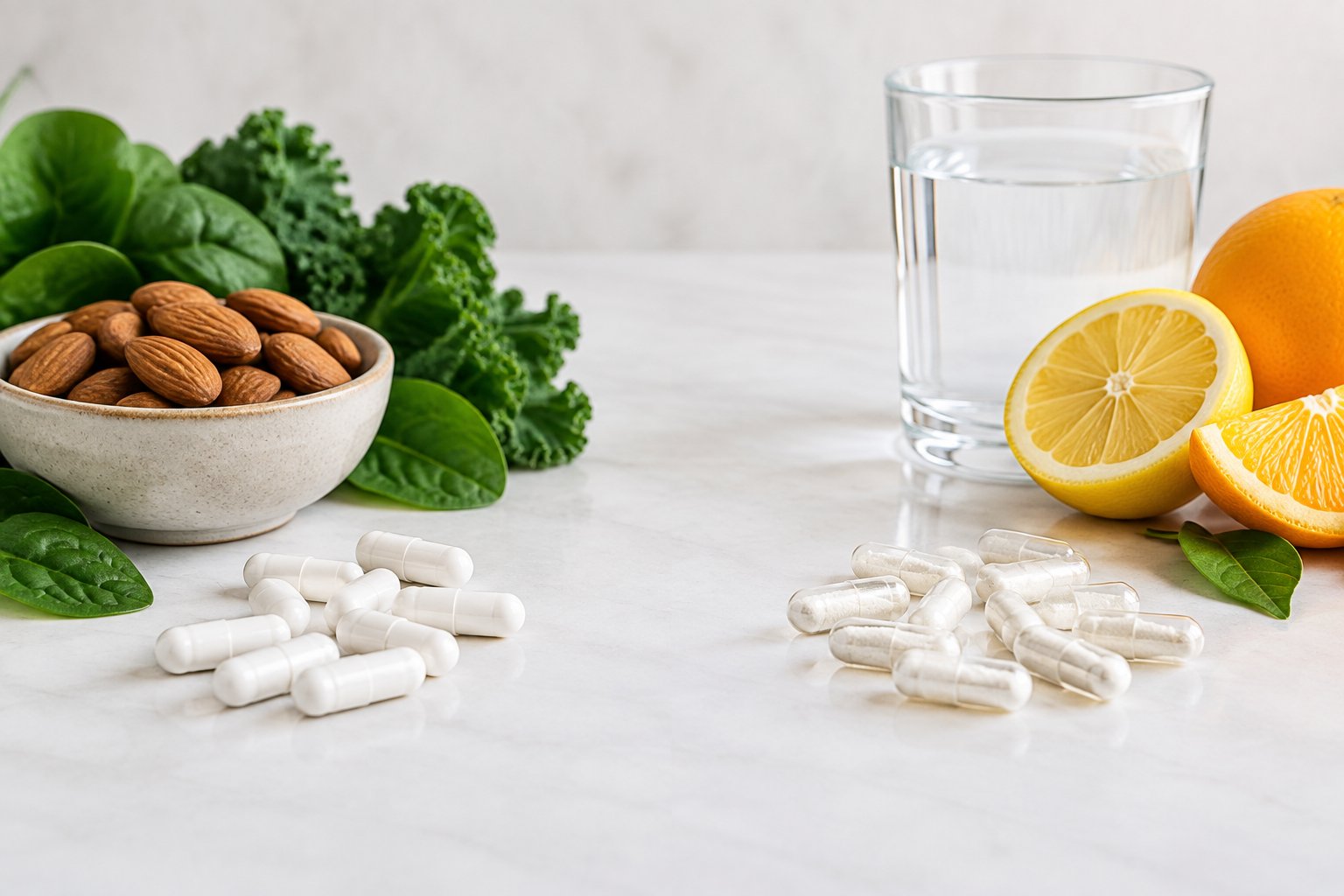Two groups of supplement capsules sit beside almonds and leafy greens on one side and citrus slices and a glass of water on the other.